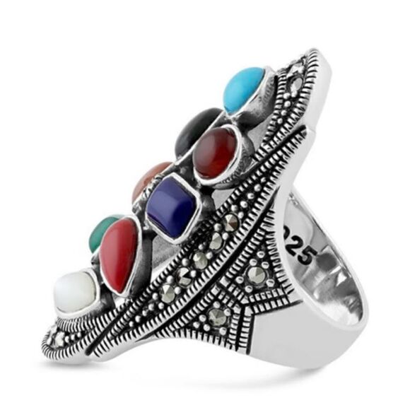 Rainbow Genuine Stone Oval Ring Womens Causal Sterling Silver Statement Jewelry - Picture 4 of 5